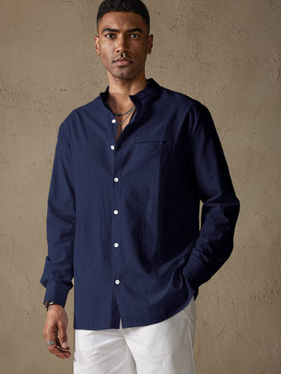 Cotton Linen Stand Collar Button Casual Shirt Shirts coofandystore Navy Blue M 