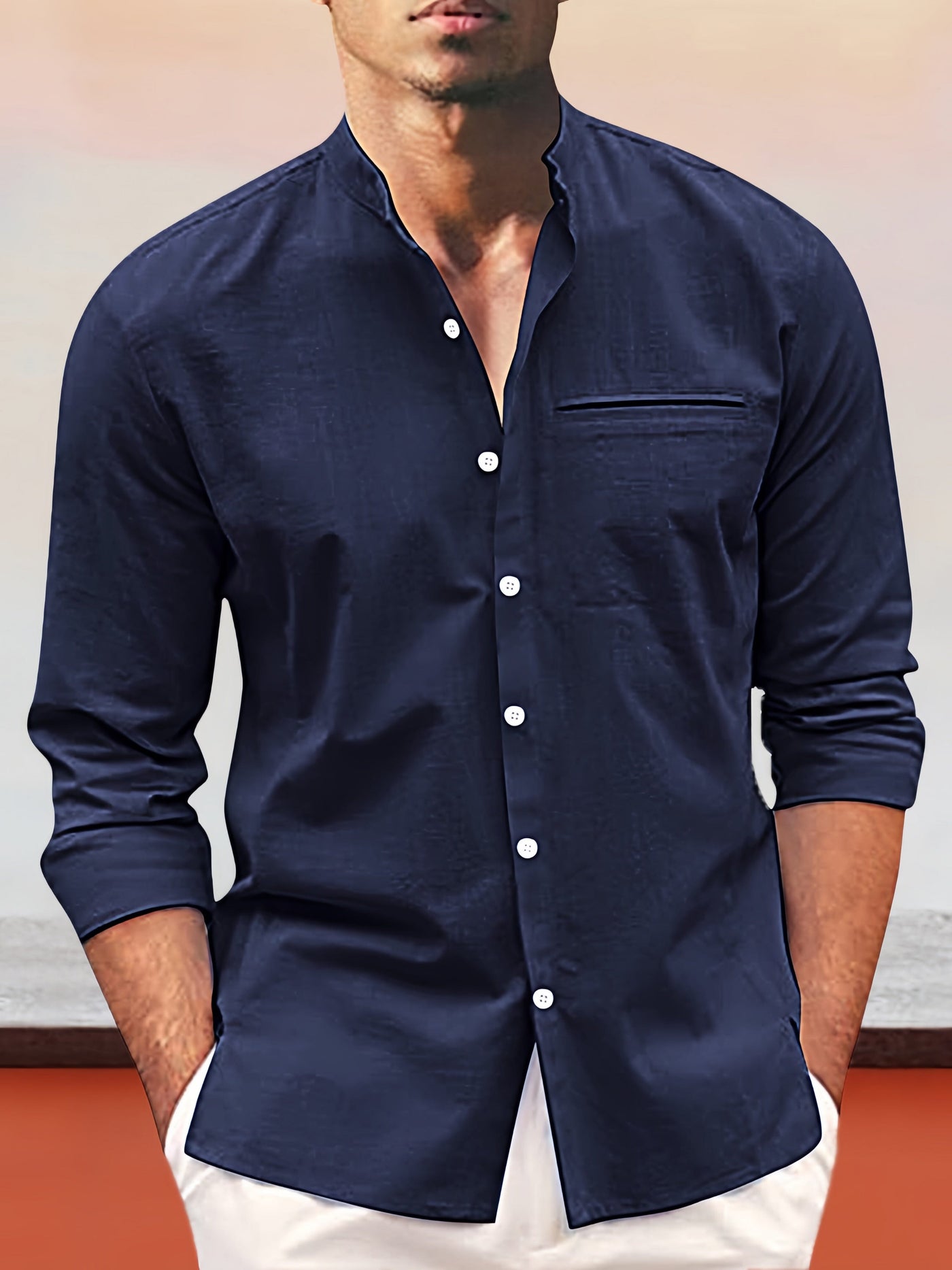 Cotton Linen Long Sleeve Shirt Shirts coofandystore Navy Blue M 