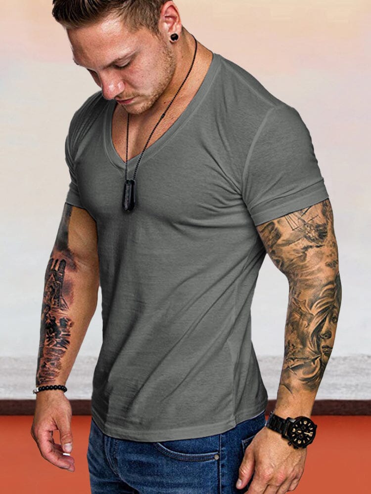V-neck Solid Color Workout T-Shirts T-Shirt coofandystore Dark Grey M 