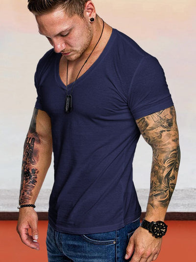 V-neck Solid Color Workout T-Shirts T-Shirt coofandystore Navy Blue M 