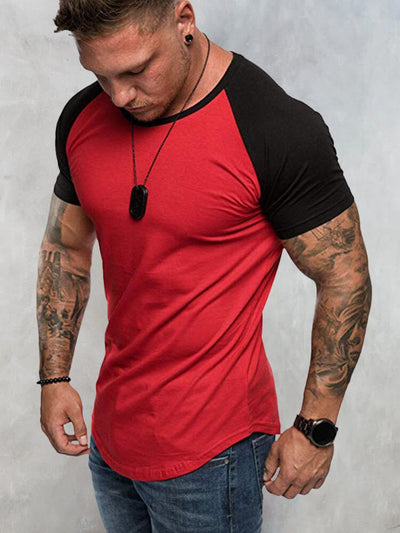 Round Neck Color Blocking T-shirt T-Shirt coofandystore Red M 