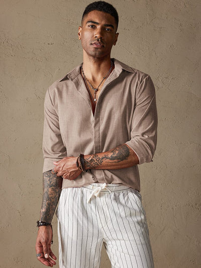 Classic Cozy Cotton Linen Long Sleeve Shirt Shirts coofandystore Light Brown S 