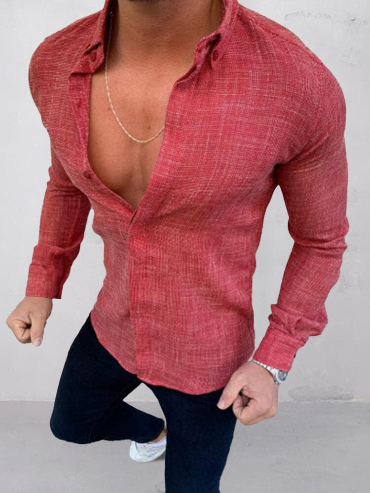 Cotton Linen Long Sleeve Shirt Shirts coofandystore Red S 