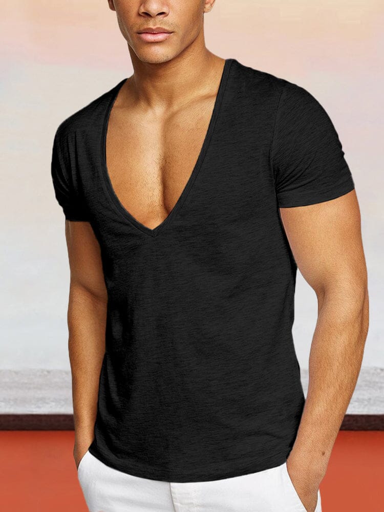 Solid Color V-neck Cotton T-shirt T-Shirt coofandystore Black M 