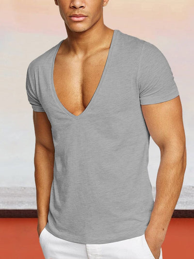 Solid Color V-neck Cotton T-shirt T-Shirt coofandystore Grey M 