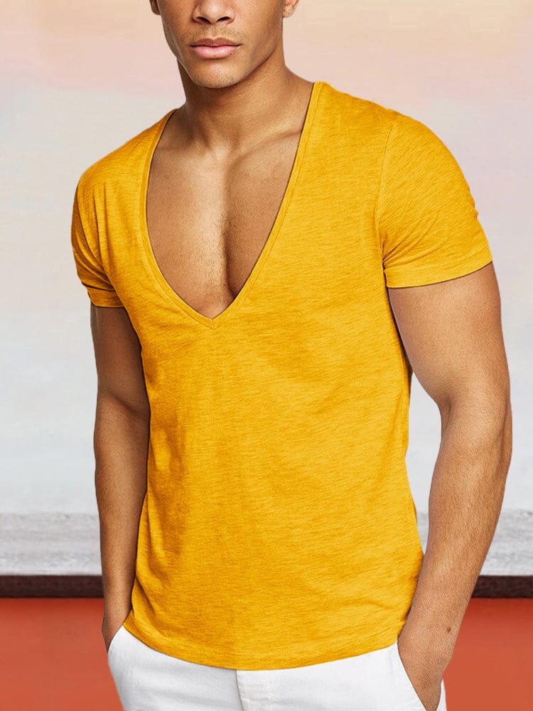 Solid Color V-neck Cotton T-shirt T-Shirt coofandystore Yellow M 