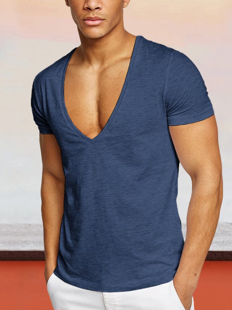 Solid Color V-neck Cotton T-shirt T-Shirt coofandystore Navy Blue M 