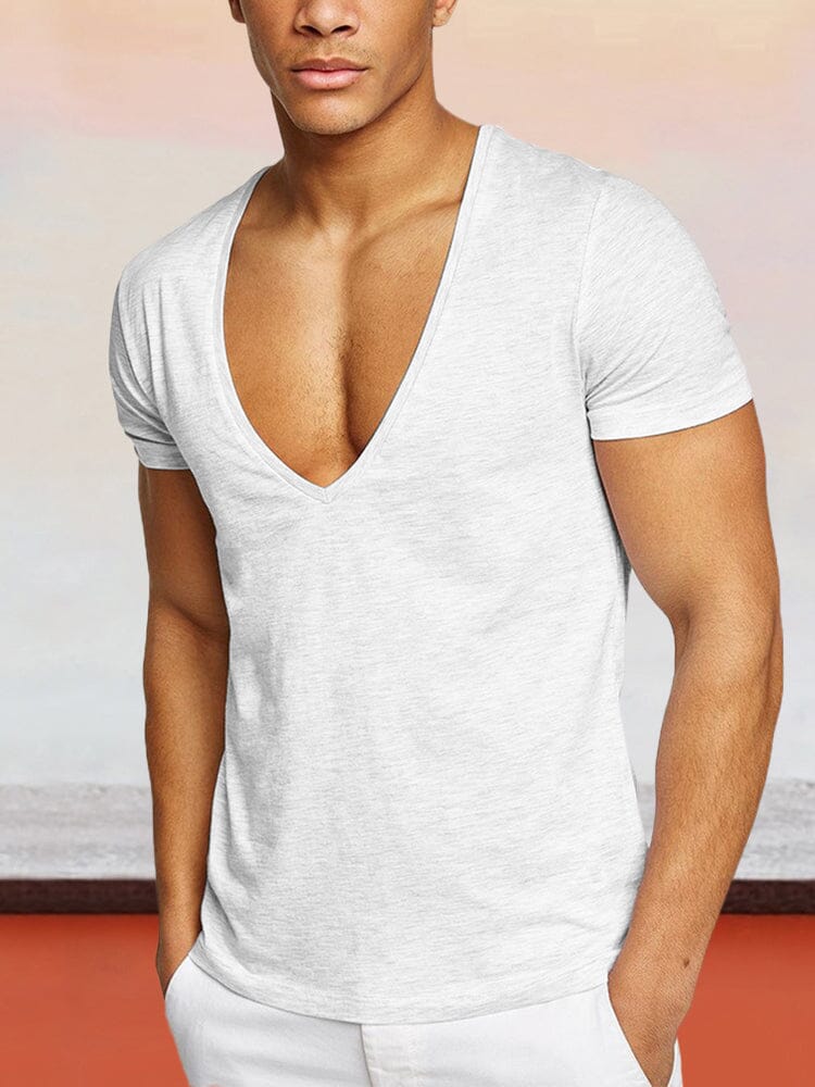 Solid Color V-neck Cotton T-shirt T-Shirt coofandystore White M 