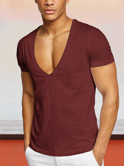 Solid Color V-neck Cotton T-shirt T-Shirt coofandystore Wine Red M 