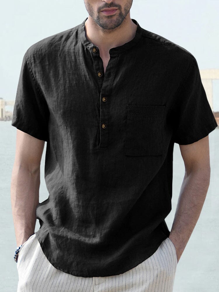 Cotton and Linen Button Shirt with Pocket Shirts coofandystore Black S 