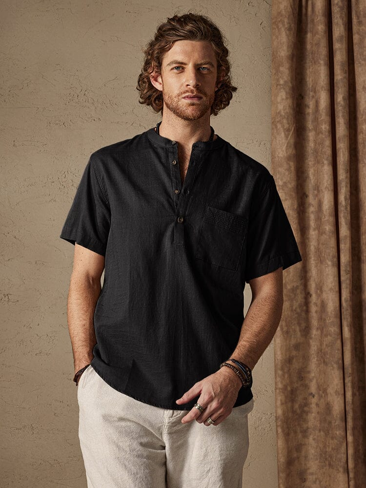 Casual Cotton and Linen Henley Shirt with Pocket Shirts coofandystore Black S 