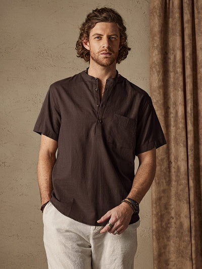Casual Cotton and Linen Henley Shirt with Pocket Shirts coofandystore Brown S 