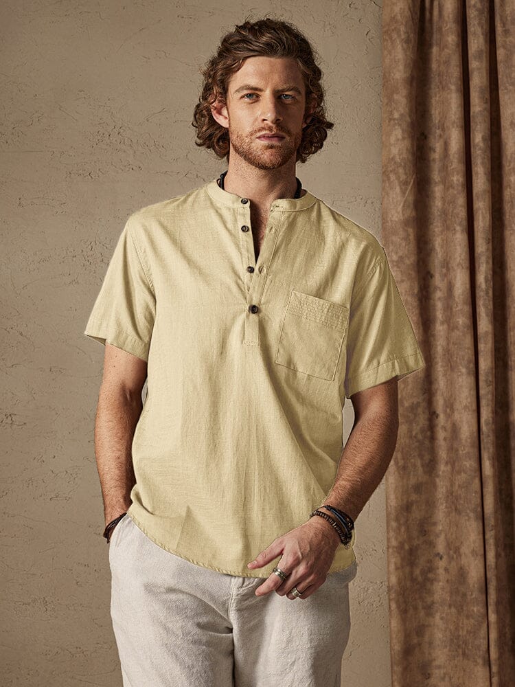 Casual Cotton and Linen Henley Shirt with Pocket Shirts coofandystore Beige S 