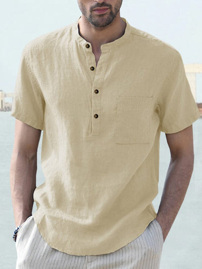 Cotton and Linen Button Shirt with Pocket Shirts coofandystore Beige S 