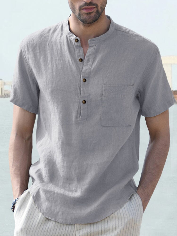 Cotton and Linen Button Shirt with Pocket Shirts coofandystore Grey S 