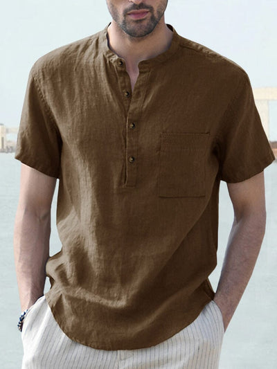 Cotton and Linen Button Shirt with Pocket Shirts coofandystore Khaki S 