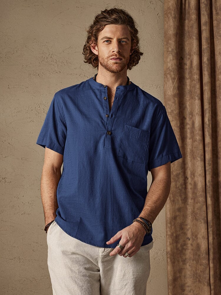 Casual Cotton and Linen Henley Shirt with Pocket Shirts coofandystore Royal Blue S 