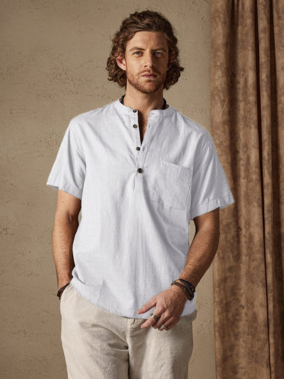 Casual Cotton and Linen Henley Shirt with Pocket Shirts coofandystore White S 