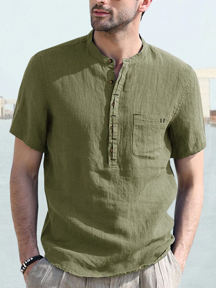Casual Half Button Cotton Linen Shirt Shirts coofandystore Army Green S 