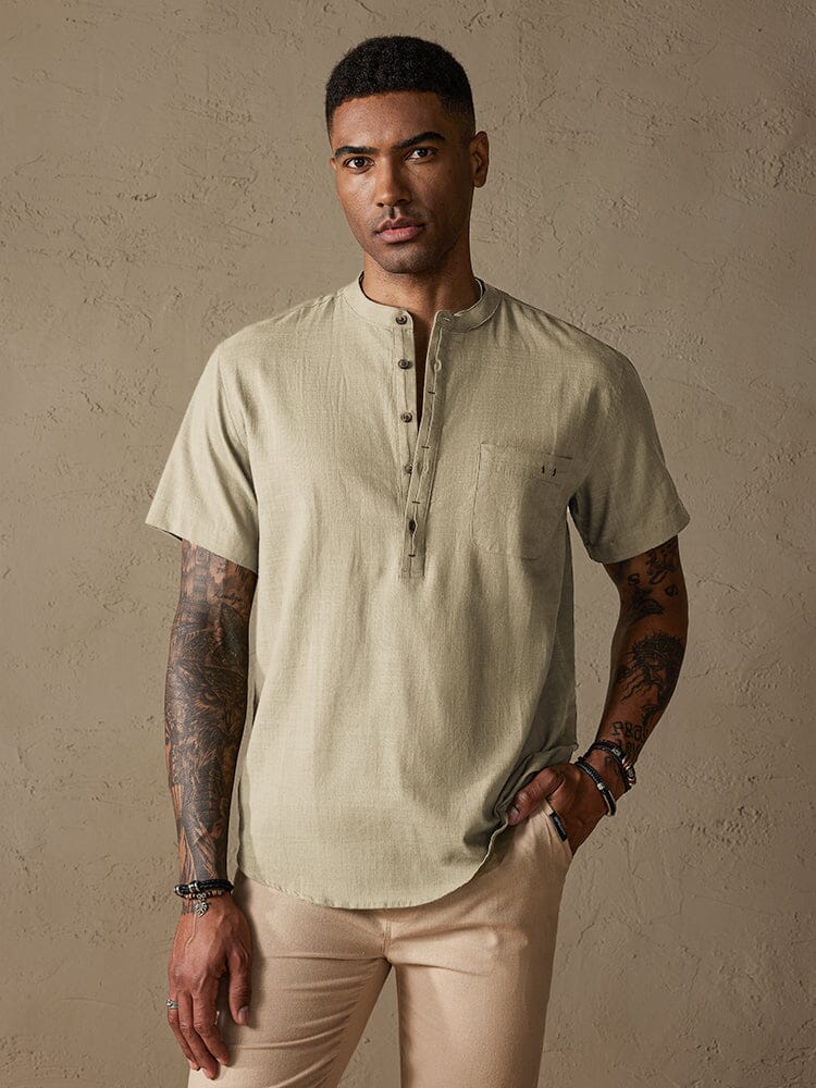 Cozy Half Button Cotton Linen Shirt, Apricot / XXL
