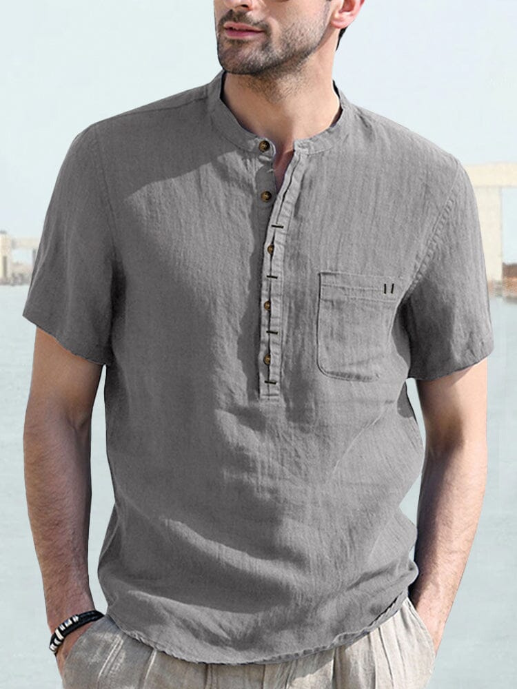 Casual Half Button Cotton Linen Shirt Shirts coofandystore Dark Grey S 