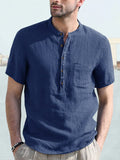 Casual Half Button Cotton Linen Shirt Shirts coofandystore Royal Blue S 