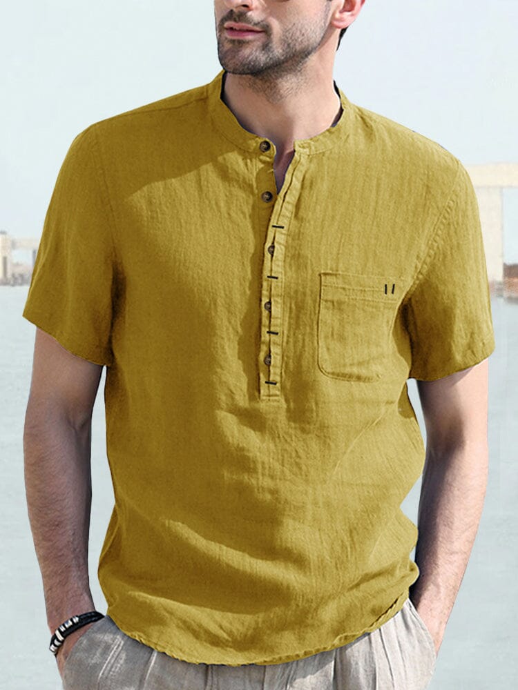 Casual Half Button Cotton Linen Shirt Shirts coofandystore Turmeric S 