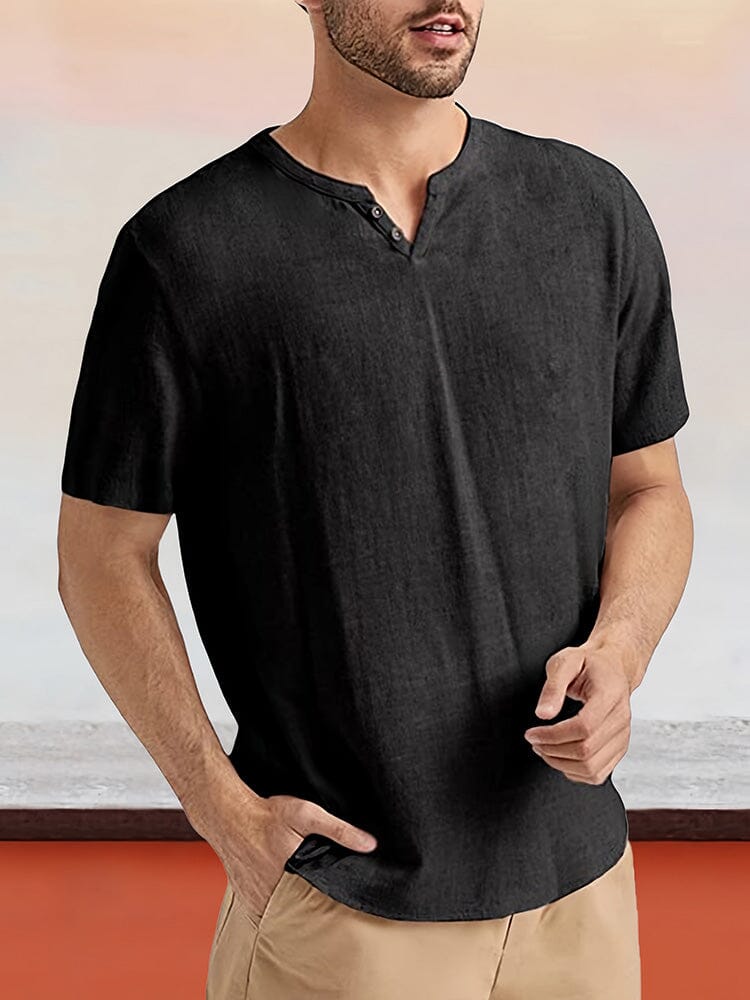 Cotton Linen Short Sleeve Shirt Shirts & Polos coofandystore Black M 