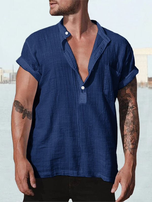 Fashion Cotton Linen Short Sleeve Shirt Shirts coofandystore Navy Blue S 