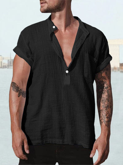 Fashion Cotton Linen Short Sleeve Shirt Shirts coofandystore Black S 