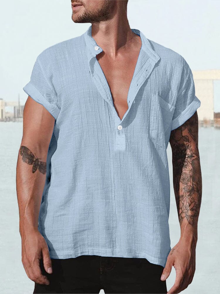 Fashion Cotton Linen Short Sleeve Shirt Shirts coofandystore Light Blue S 