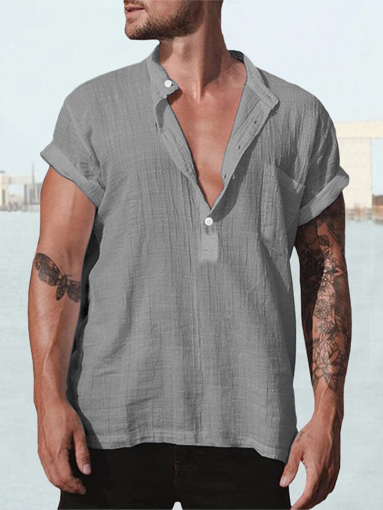Fashion Cotton Linen Short Sleeve Shirt Shirts coofandystore Light Grey S 