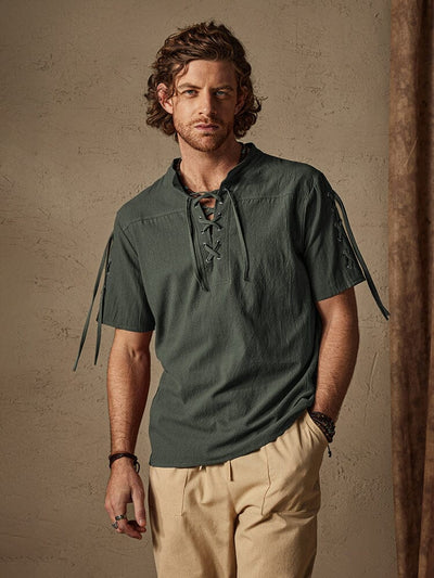 Vintage Cotton Linen Drawstring Shirt Shirts coofandystore Army Green M 
