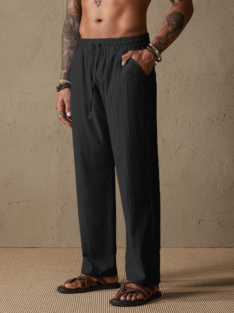 Cozy Drawstring Cotton Linen Straight Pants Pants coofandystore Black M 