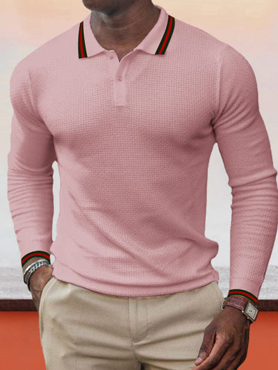 Lapel Collar Long-sleeved Polo Shirt Polos coofandystore Pink M 