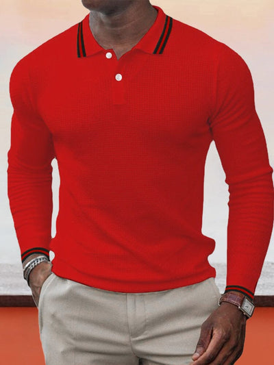 Lapel Collar Long-sleeved Polo Shirt Polos coofandystore Red M 