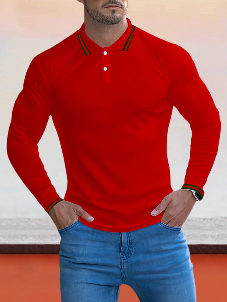 Cozy Stripe Collar Polo Shirt Polos coofandystore Red M 