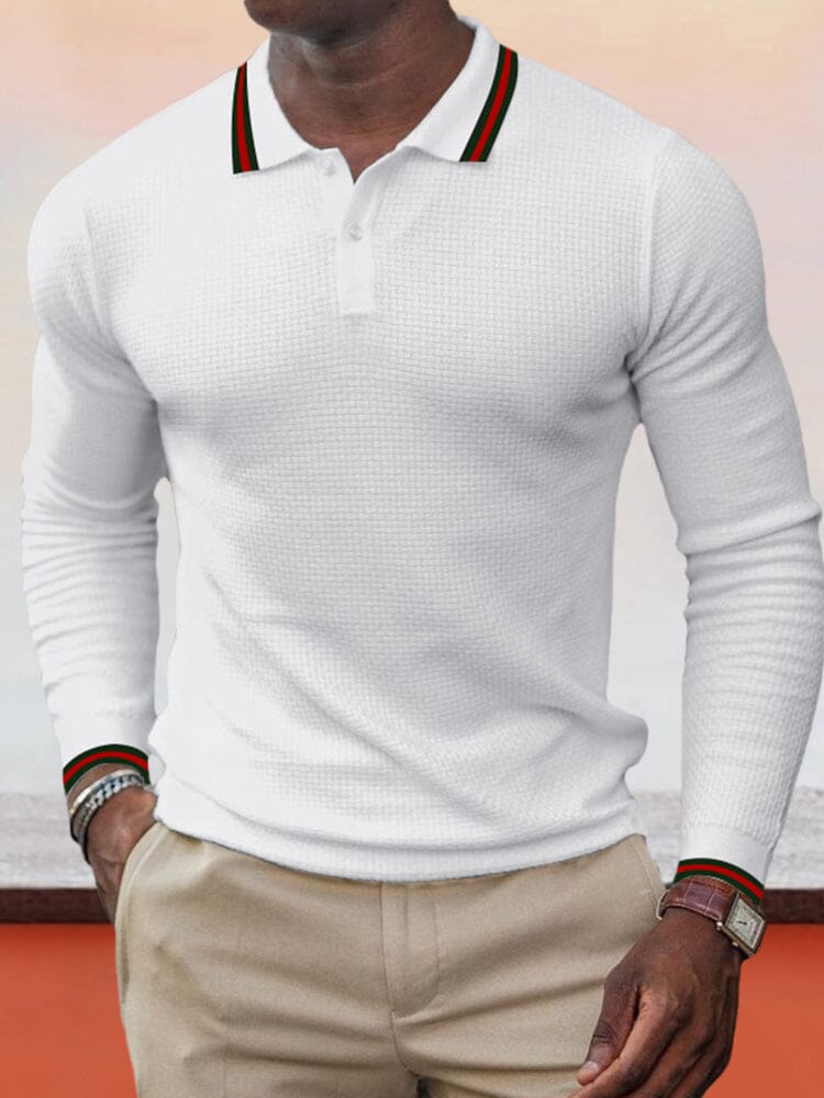 Lapel Collar Long-sleeved Polo Shirt Polos coofandystore White M 