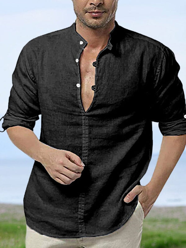 Solid Color Stand-up Collar Beach Casual Shirt Shirts coofandystore Black M 