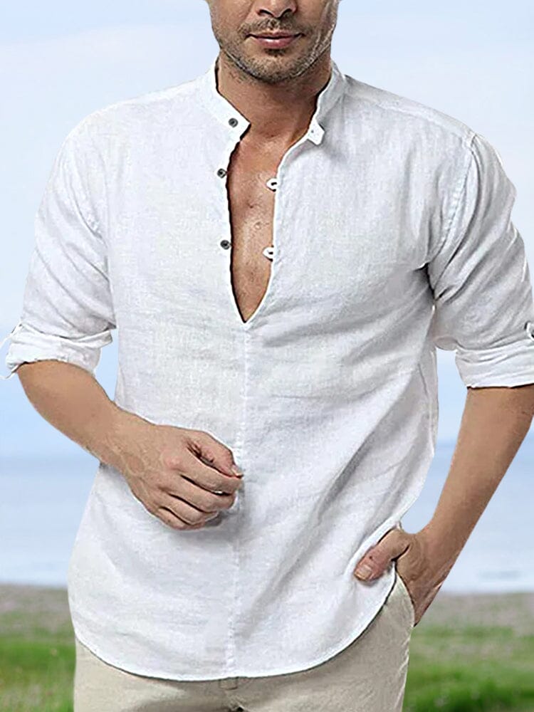 Solid Color Stand-up Collar Beach Casual Shirt Shirts coofandystore White M 