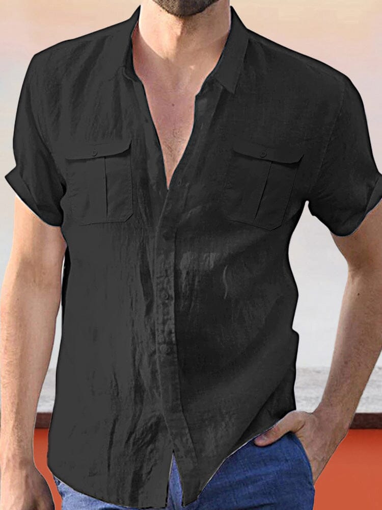 Lapel Collar Solid Color Double Pocket Shirt Shirts coofandystore Black M 