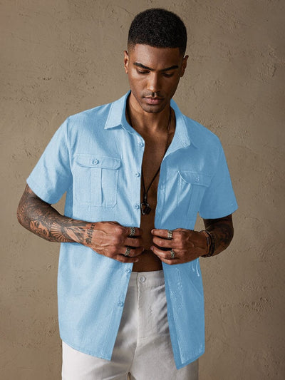 Cotton Linen Solid Color Double Pockets Shirt Shirts coofandystore Clear Blue M 