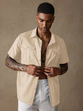 Cotton Linen Solid Color Double Pockets Shirt Shirts coofandystore Khaki M 