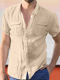 Lapel Collar Solid Color Double Pocket Shirt Shirts coofandystore Khaki M 