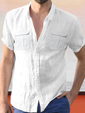 Lapel Collar Solid Color Double Pocket Shirt Shirts coofandystore White M 