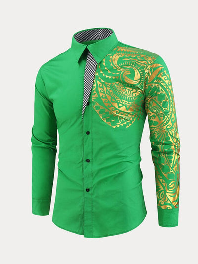 Stamping Totem Print Long-sleeved Shirt Shirts coofandystore Green M 