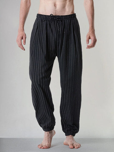 Casual Stripe Elastic Waist Cotton Linen Pants Pants coofandystore Black S 