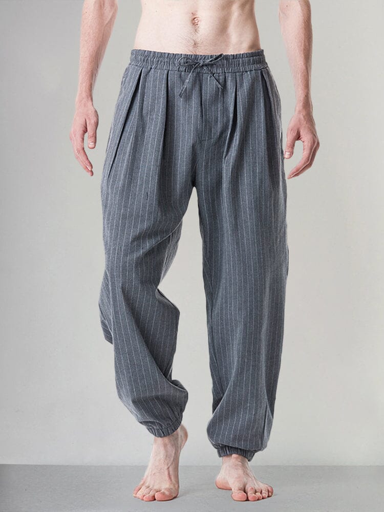 Casual Stripe Elastic Waist Cotton Linen Pants Pants coofandystore Grey S 