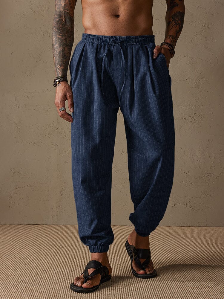 Casual Stripe Beam Feet Cotton Linen Pants Pants coofandystore Navy Blue S 