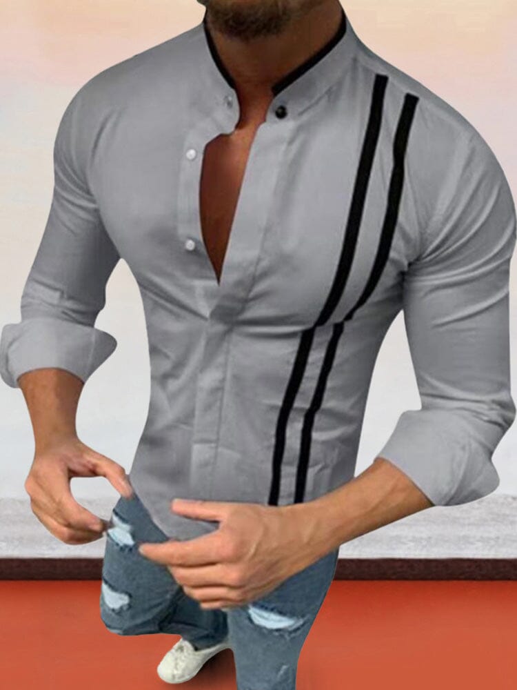 Stand Collar Splicing Shirt Shirts coofandystore Grey M 